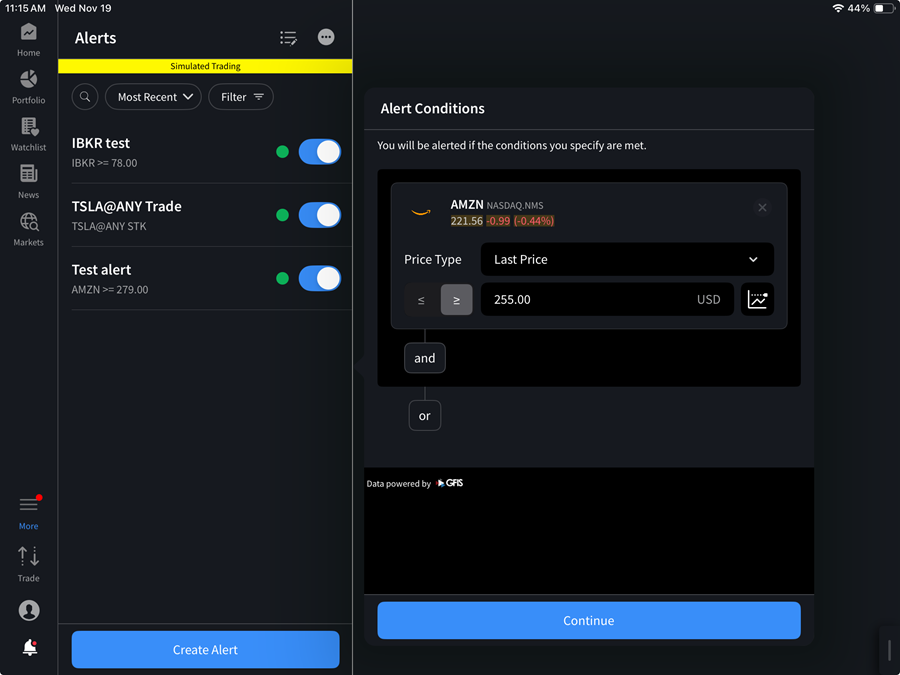 The define alerts conditions on the iPad